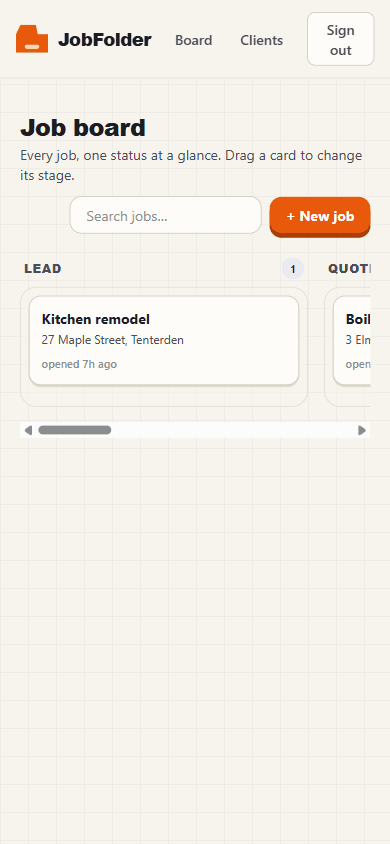 JobFolder status board on a phone, showing jobs across Lead, Quoted and In progress columns
