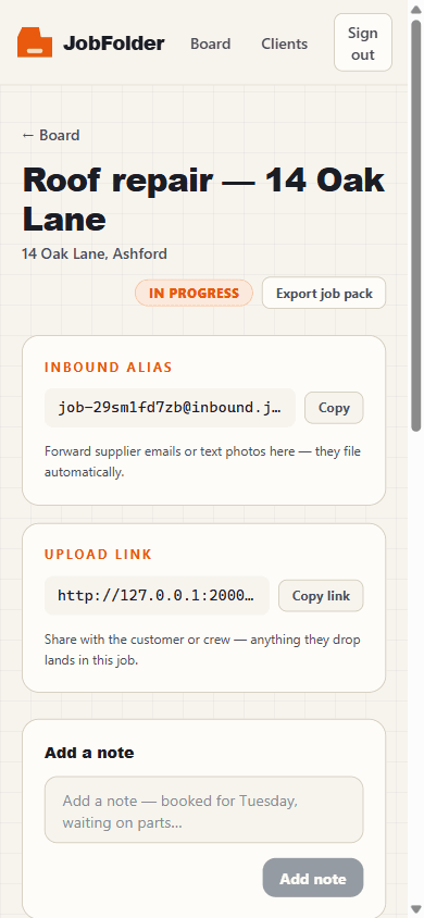 A JobFolder job on a phone, showing the auto-filing inbox alias and shareable upload link